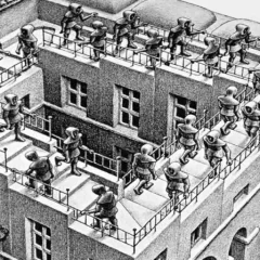 El dibujo engaña nuestra intuición sobre la perspectiva. (M.C. Escher - Subiendo y bajando - 1960)