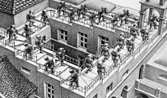 El dibujo engaña nuestra intuición sobre la perspectiva. (M.C. Escher - Subiendo y bajando - 1960)