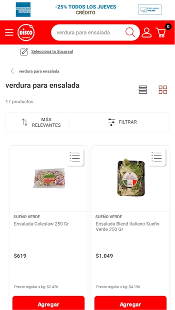 Tarjeta en listado de productos. Disco Argentina