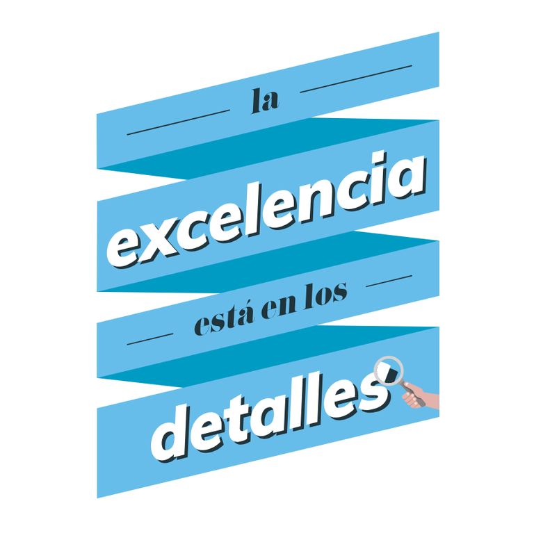 Afiche La excelencia está en los detalles. Espiral celeste con texto grande y decorado y una lupa que muestra los detalles.