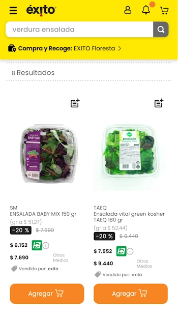 Tarjeta en listado de productos. Supermercados Exito - Colombia