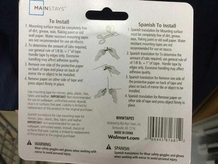 Blister de instrucciones donde cada párrafo dice 'Spanish translation for' y el texto en inglés. No hay una palabra en español.