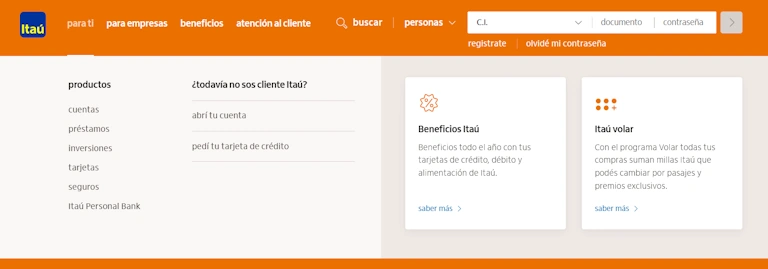 Megamenú Itaú en escritorio